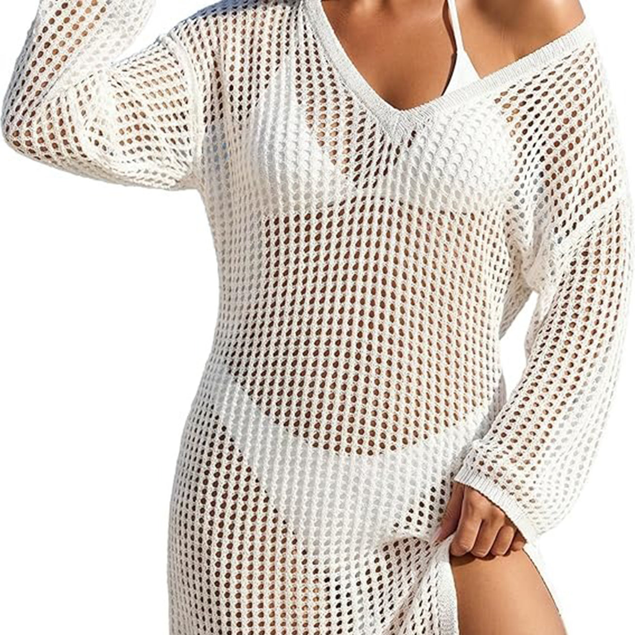 Summer Sale👗Women Crochet Long Sleeve Bathing Suit Cover Up
