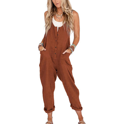 Summer Sale👗Womens Linen Cotton Jumpsuits with Pockets