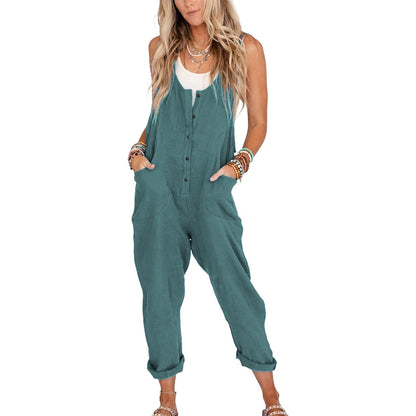 Summer Sale👗Womens Linen Cotton Jumpsuits with Pockets