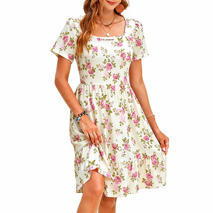 Summer Sale👗Women Square Neck Ditsy Floral Dress, Ruffle Empire Waist A-Line Sundress With Pockets