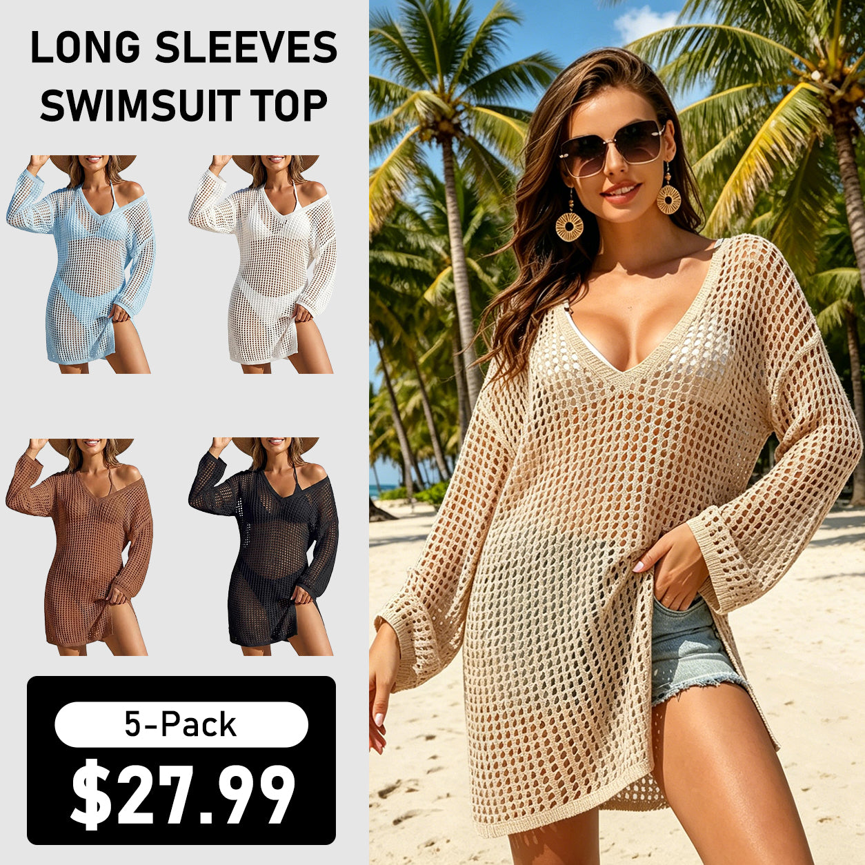 Summer Sale👗Women Crochet Long Sleeve Bathing Suit Cover Up