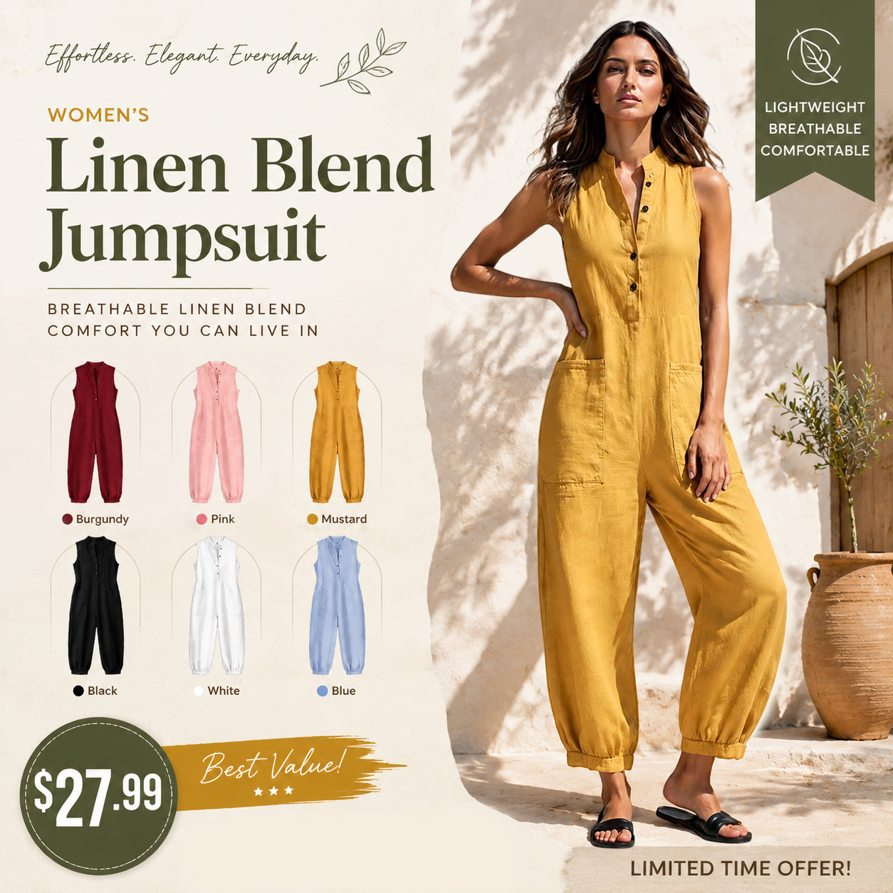Summer Sale👗Women's Linen Blend Sleeveless Loose Jumpsuit