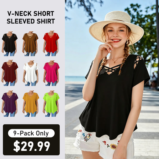 New Arrival🔥Elegant Women's Plus Size V-Neck Short Sleeve T-Shirt, Solid Color Cross Strap Detail, Casual Fashion Top for Ladies