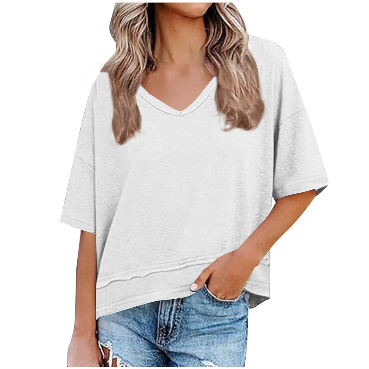 Womens Casual Solid Color V NeckDrop Shoulder T-Shirts