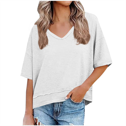 Womens Casual Solid Color V NeckDrop Shoulder T-Shirts