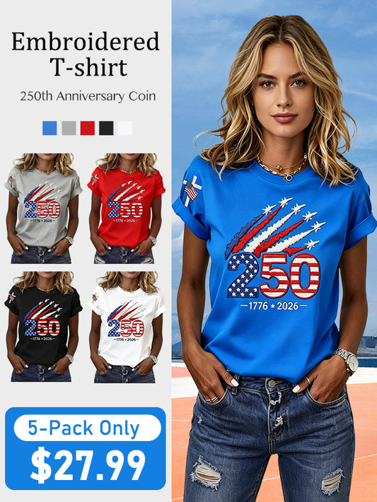 Women’s USA 250th Anniversary Embroidered Print Crew Neck Short Sleeve T-Shirt