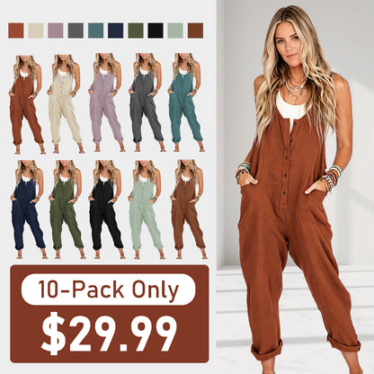 Summer Sale👗Womens Linen Cotton Jumpsuits with Pockets