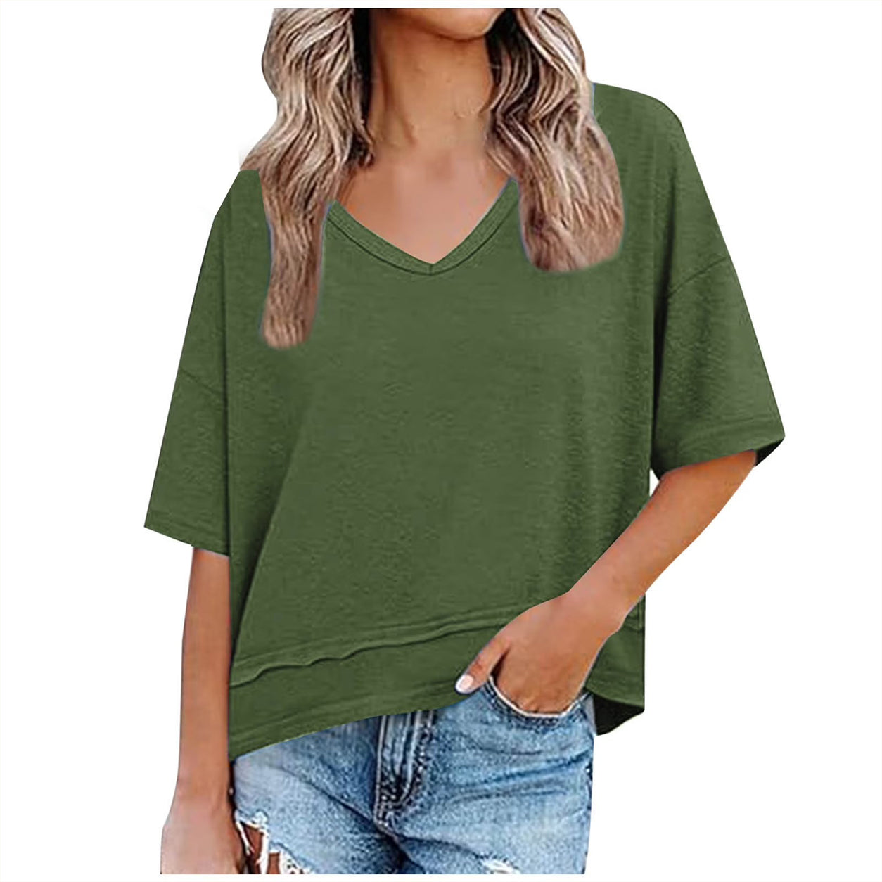 Womens Casual Solid Color V NeckDrop Shoulder T-Shirts