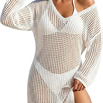 Summer Sale👗Women Crochet Long Sleeve Bathing Suit Cover Up