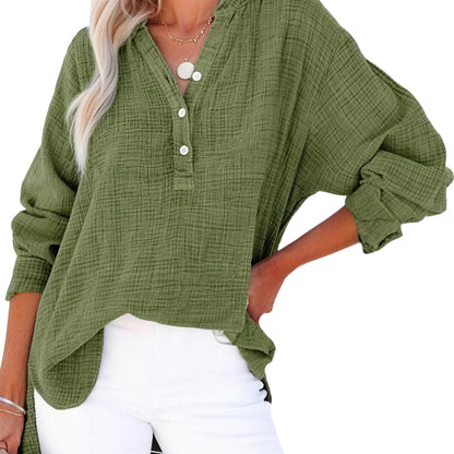 Limited time sale🔥Womens Casual Gauze Button Neck Long Sleeve Oversized BlousesTops