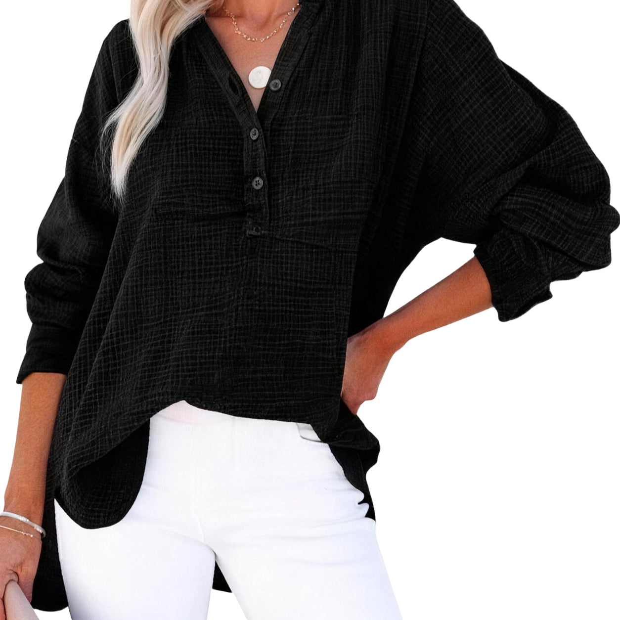 Limited time sale🔥Womens Casual Gauze Button Neck Long Sleeve Oversized BlousesTops