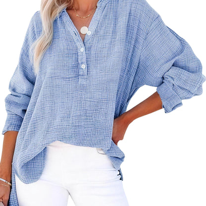 Limited time sale🔥Womens Casual Gauze Button Neck Long Sleeve Oversized BlousesTops