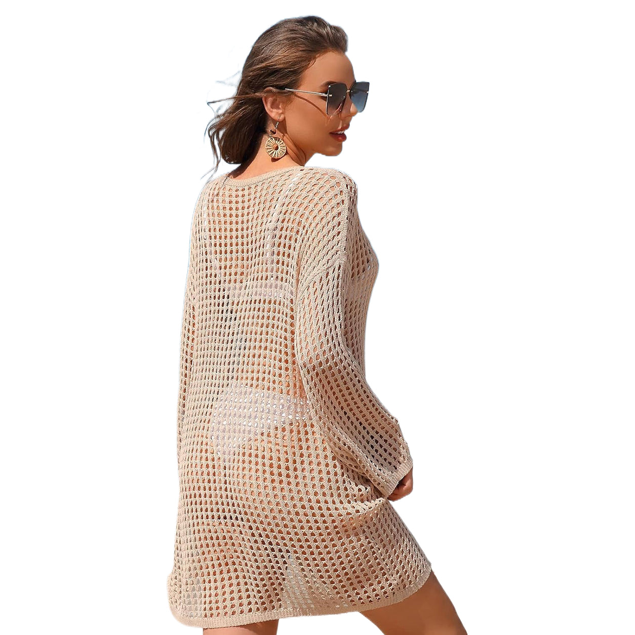 Summer Sale👗Women Crochet Long Sleeve Bathing Suit Cover Up