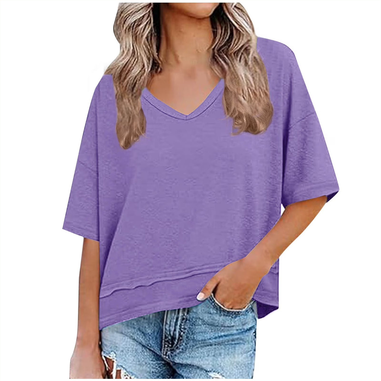 Womens Casual Solid Color V NeckDrop Shoulder T-Shirts