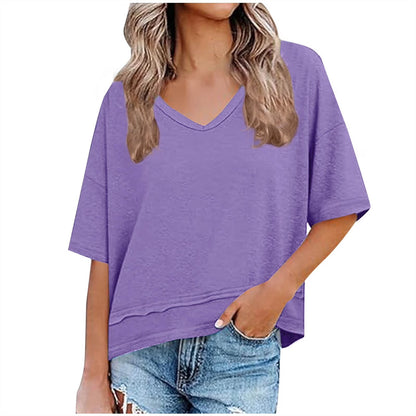 Womens Casual Solid Color V NeckDrop Shoulder T-Shirts