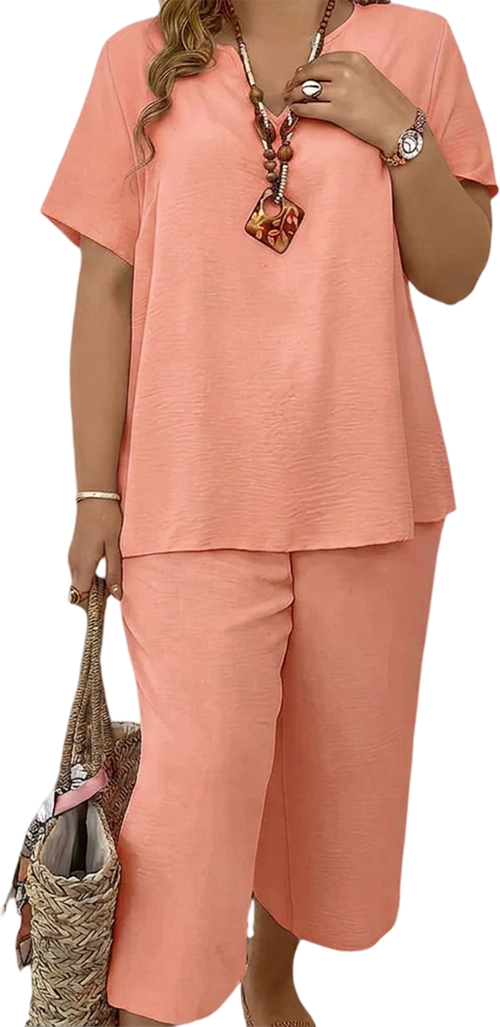 Summer Sale👗Women's Solid Short Sleeve Top & Loose Wide Leg Pants 2-Piece Set