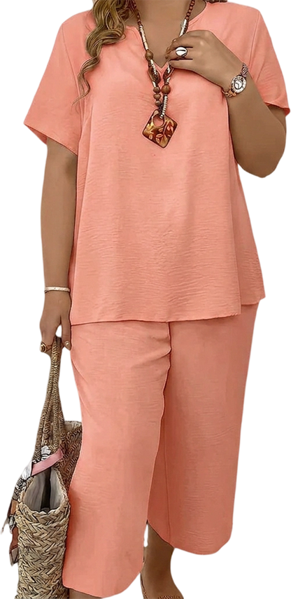 Summer Sale👗Women's Solid Short Sleeve Top & Loose Wide Leg Pants 2-Piece Set