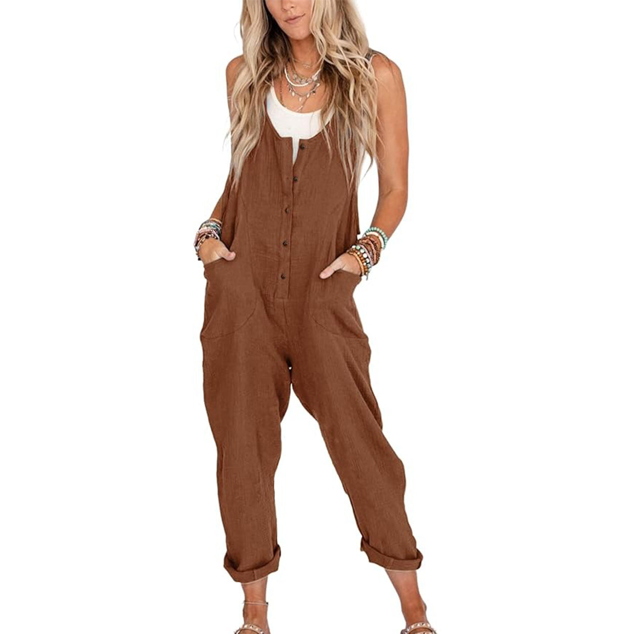 Summer Sale👗Womens Linen Cotton Jumpsuits with Pockets