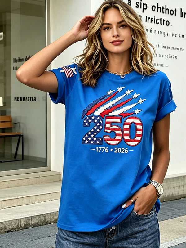 Women’s USA 250th Anniversary Embroidered Print Crew Neck Short Sleeve T-Shirt