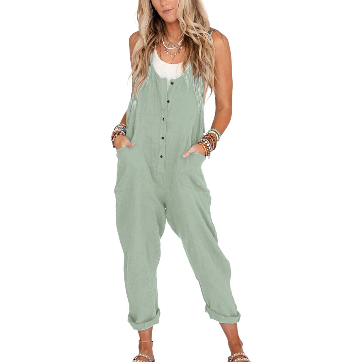 Summer Sale👗Womens Linen Cotton Jumpsuits with Pockets