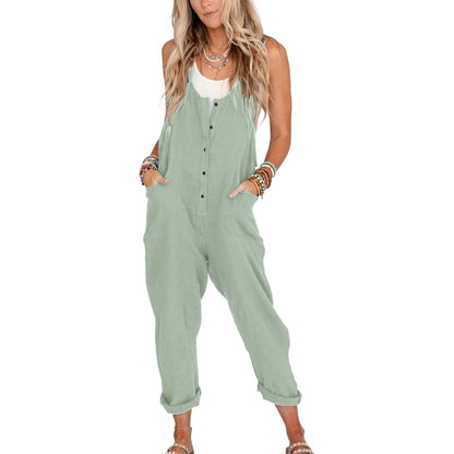 Summer Sale👗Womens Linen Cotton Jumpsuits with Pockets