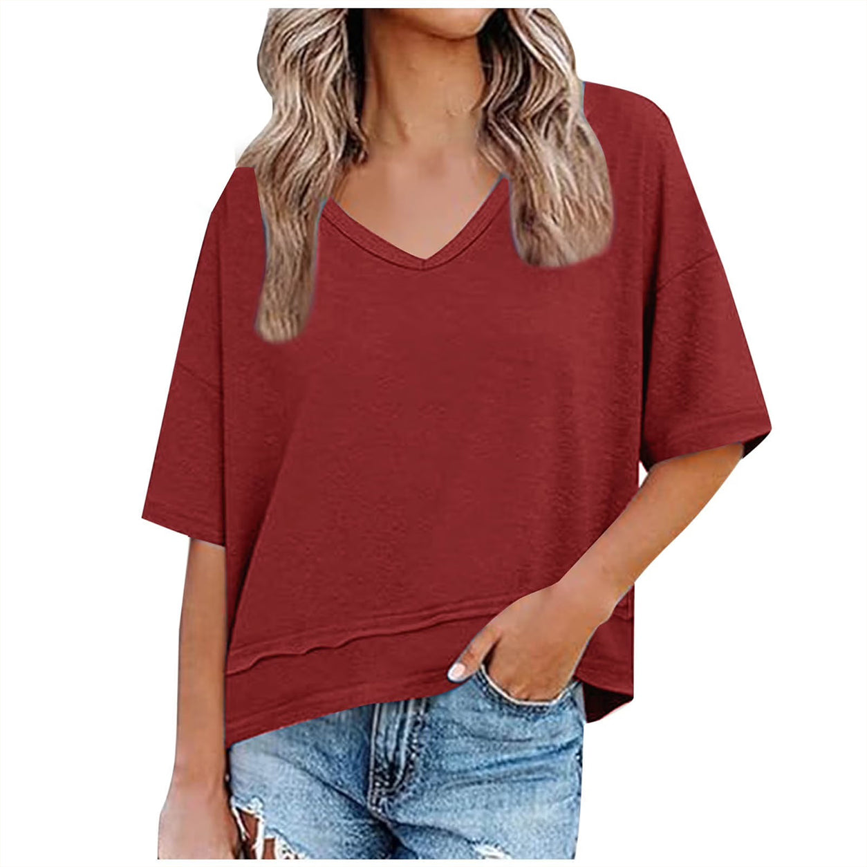Womens Casual Solid Color V NeckDrop Shoulder T-Shirts