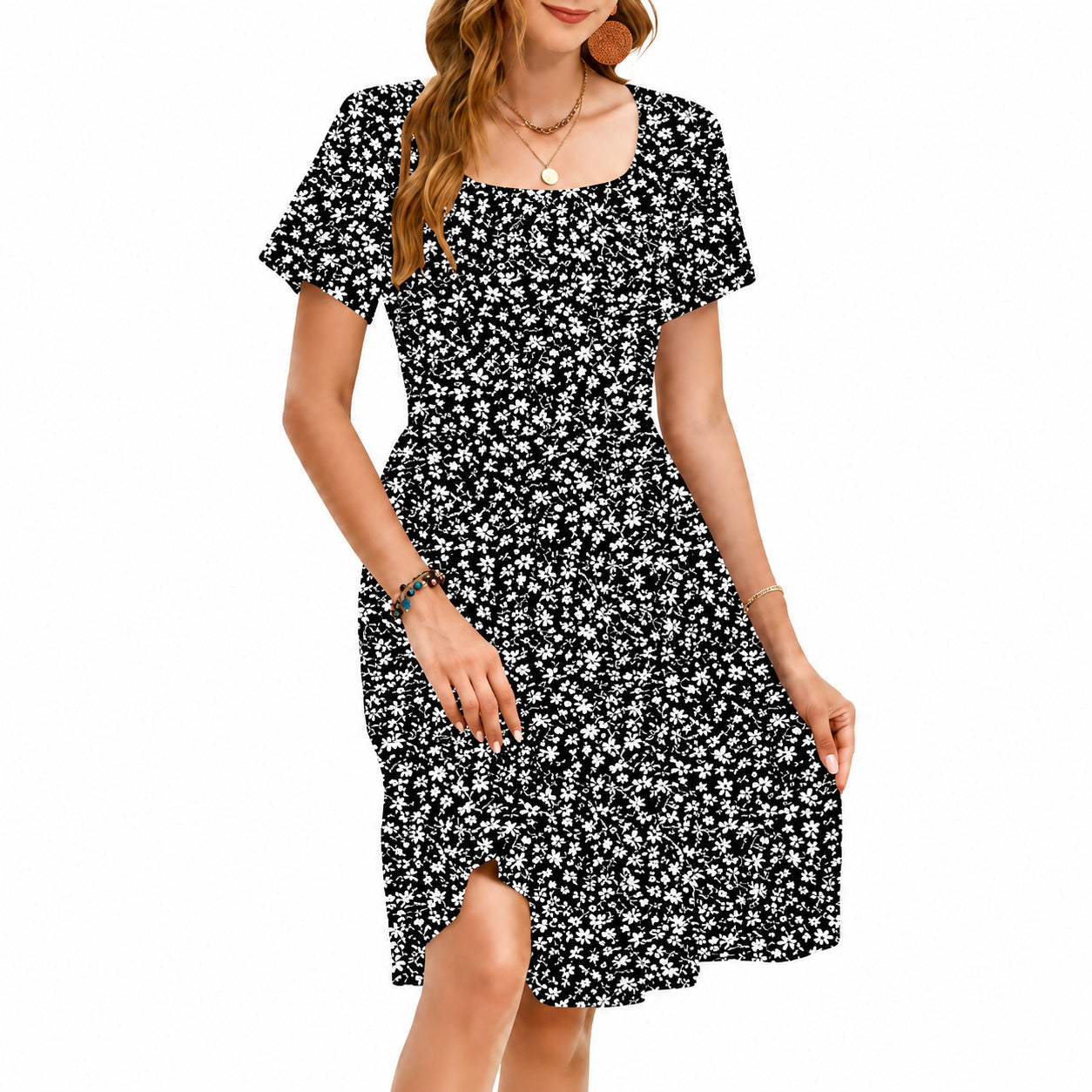 Summer Sale👗Women Square Neck Ditsy Floral Dress, Ruffle Empire Waist A-Line Sundress With Pockets