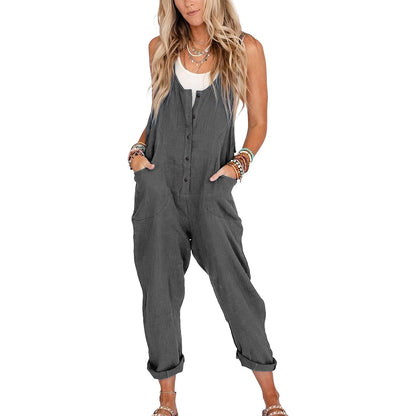 Summer Sale👗Womens Linen Cotton Jumpsuits with Pockets