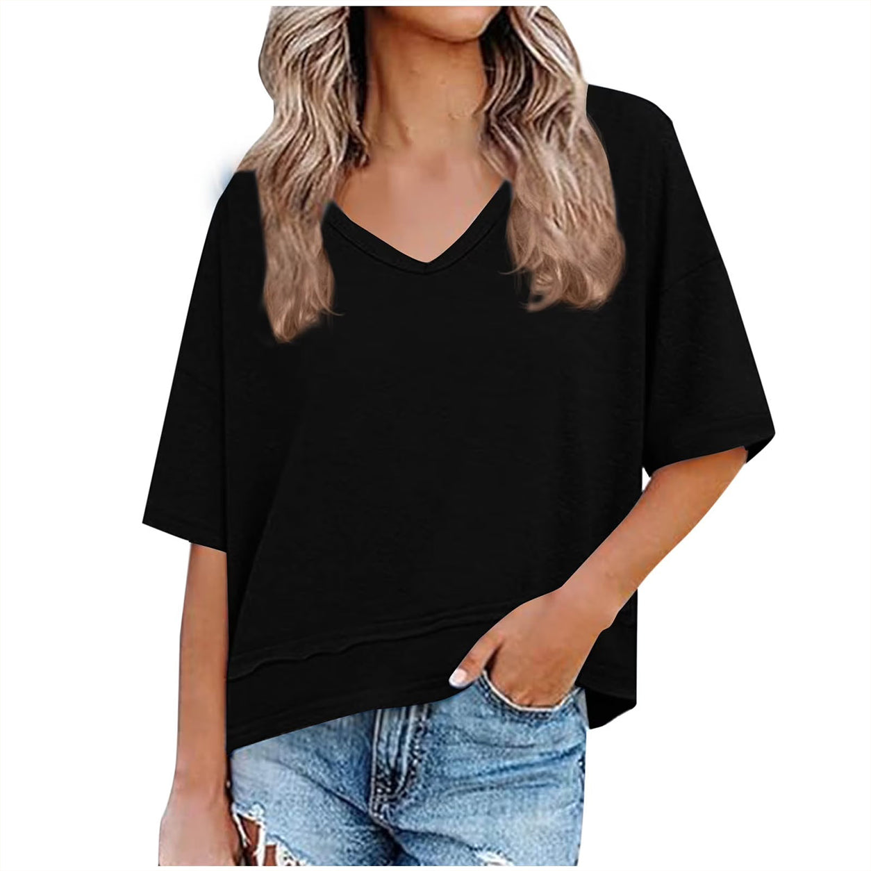 Womens Casual Solid Color V NeckDrop Shoulder T-Shirts