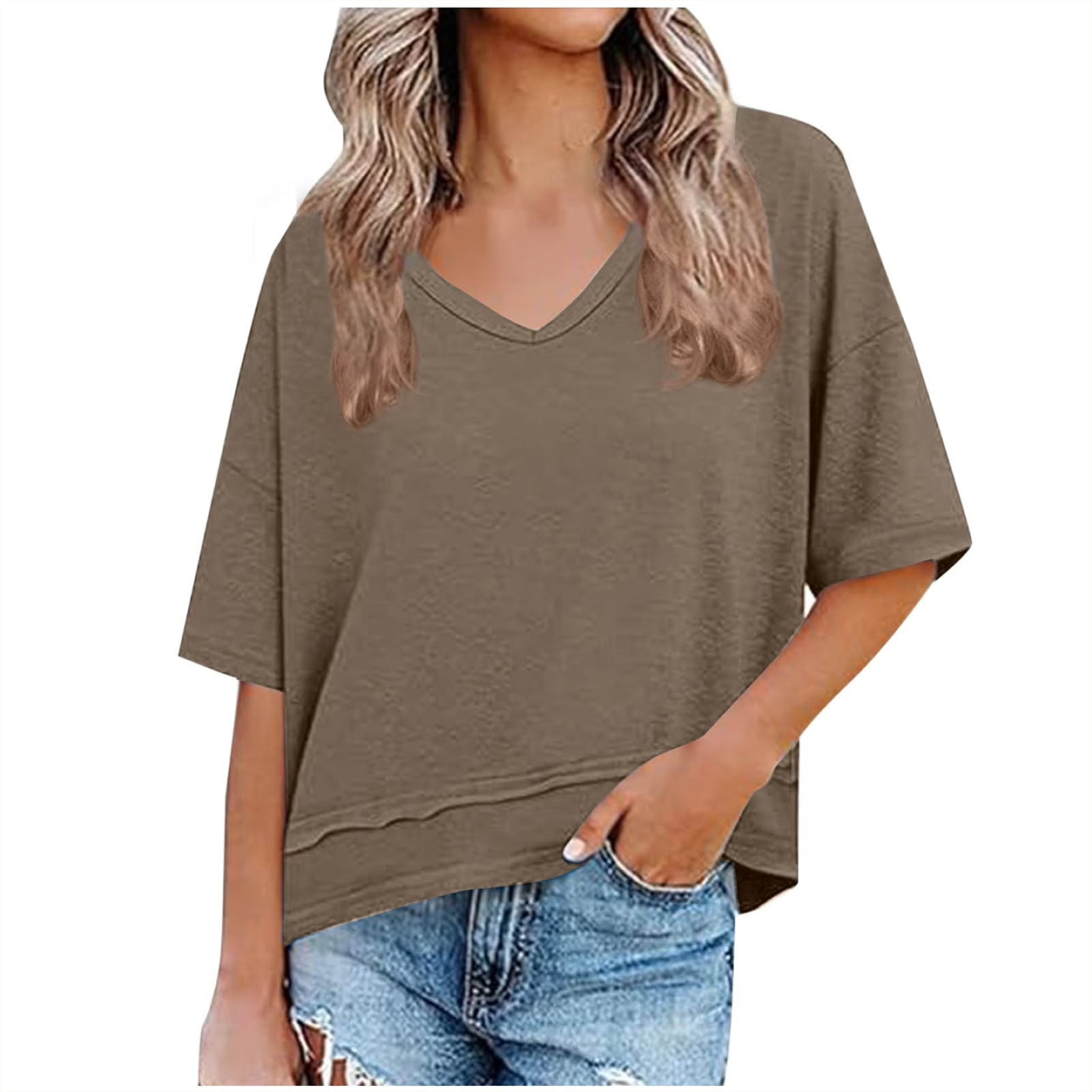 Womens Casual Solid Color V NeckDrop Shoulder T-Shirts