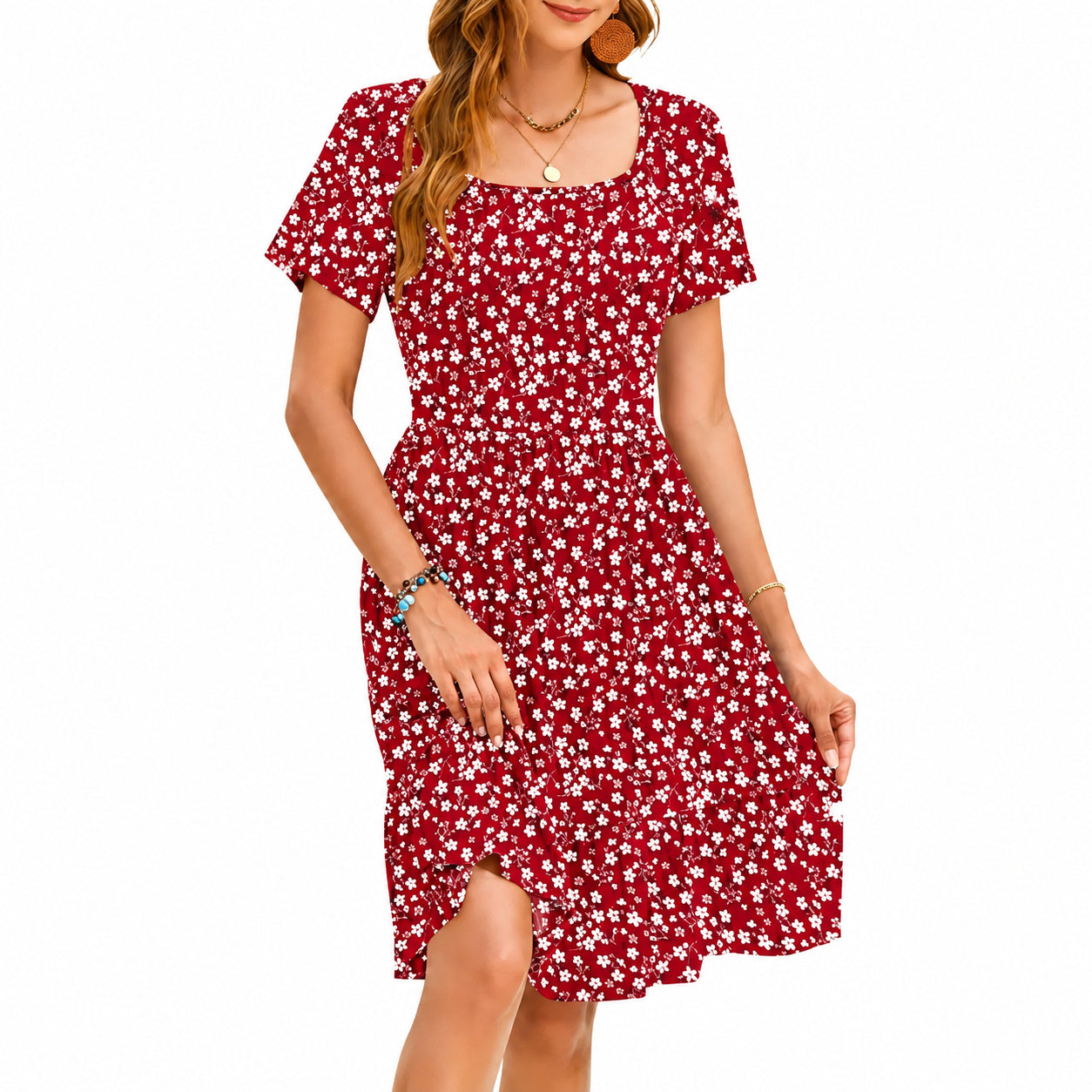Summer Sale👗Women Square Neck Ditsy Floral Dress, Ruffle Empire Waist A-Line Sundress With Pockets