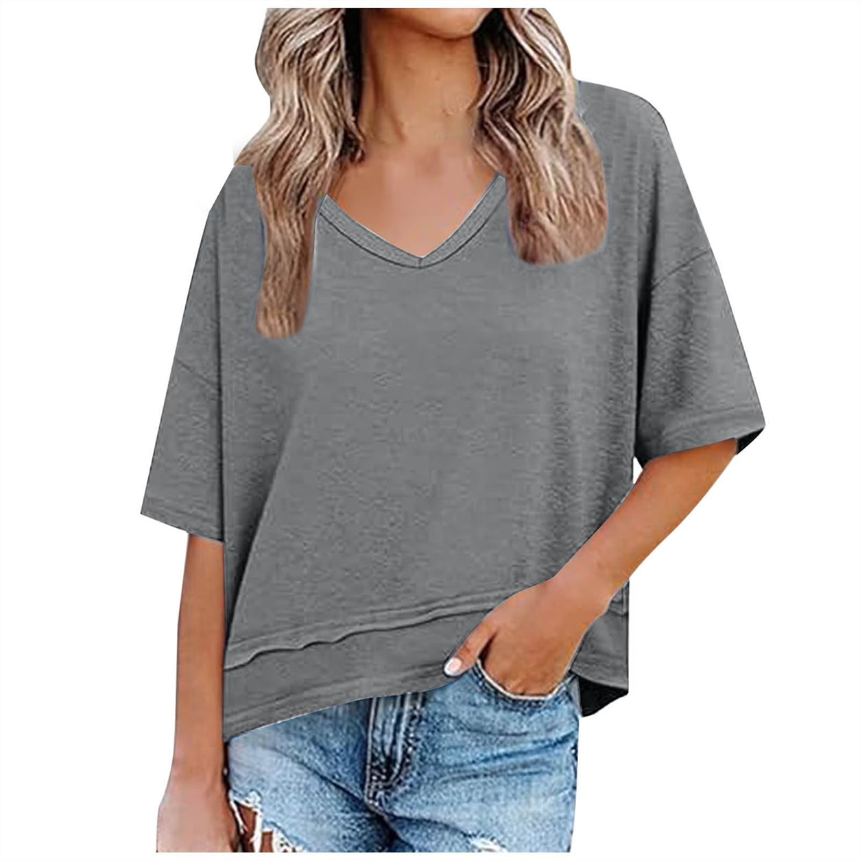Womens Casual Solid Color V NeckDrop Shoulder T-Shirts