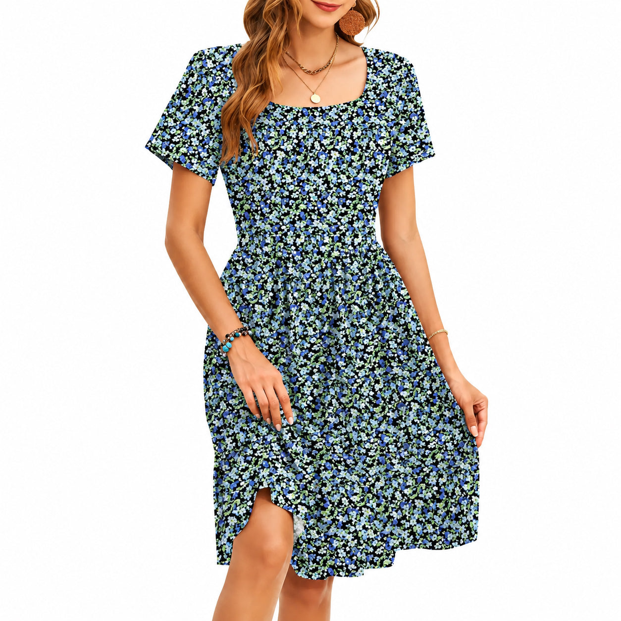 Summer Sale👗Women Square Neck Ditsy Floral Dress, Ruffle Empire Waist A-Line Sundress With Pockets