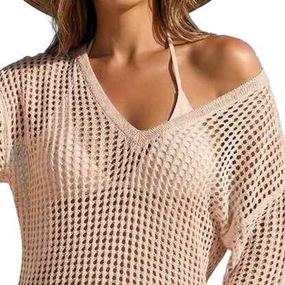 Summer Sale👗Women Crochet Long Sleeve Bathing Suit Cover Up