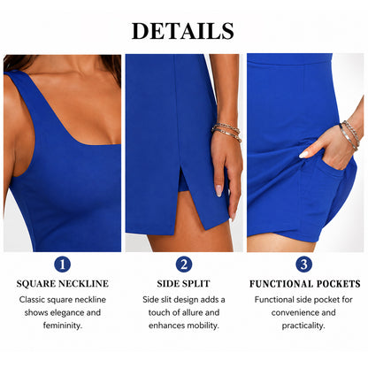 Summer Sale👗Women's U-Neck Sleeveless Dress with Built-in Shorts and Pockets