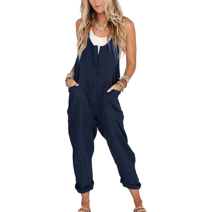 Summer Sale👗Womens Linen Cotton Jumpsuits with Pockets