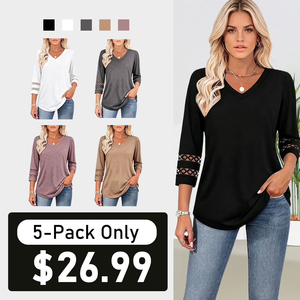 Summer Sale👗Womens 3/4 Length Sleeve Tops Trendy V Neck T Shirts