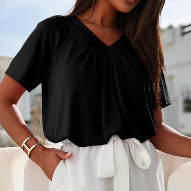 ⏳ Limited Time 60% Off!💐Women's Casual Pleated V-Neck Short-Sleeve Top