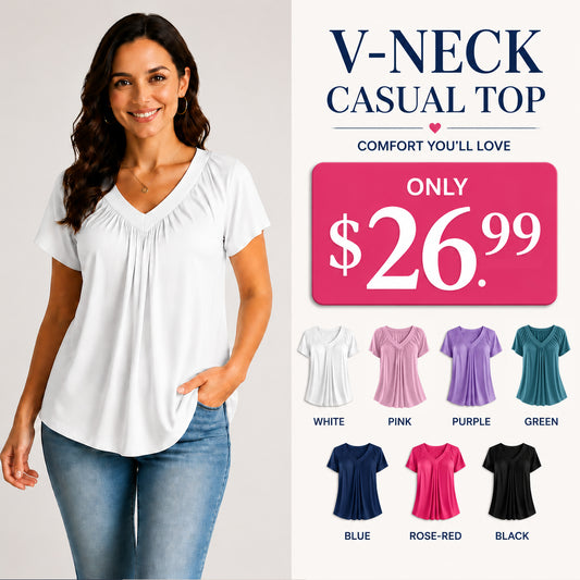 ⏳ Limited Time 60% Off!💐Women's Casual Pleated V-Neck Short-Sleeve Top